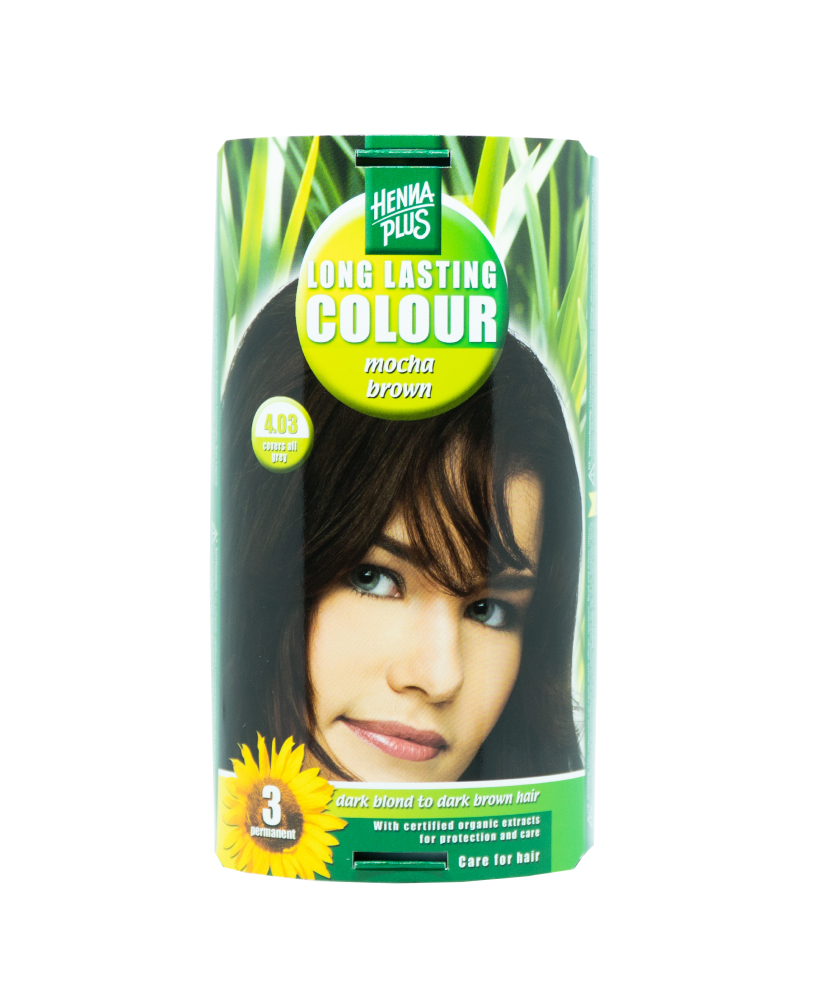 Hennaplus ilgalaikiai plaukų dažai su 9 ekologiškais ekstraktais, spalva kavos ruda 4.03